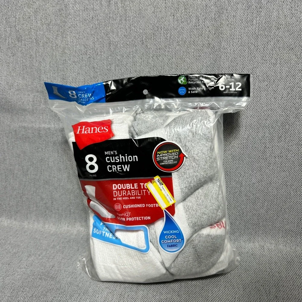 Hanes Mens Cushion Crew Socks 8 Pairs Size 6-12 White Grey Wicking Odor Control
